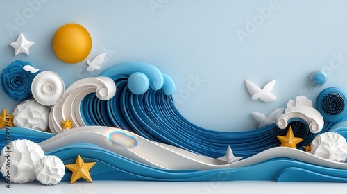 Stunning abstract blue wave crashing over a serene ocean landscape  Dynamic flowing shapes and patterns created by the powerful movement of the water creating a sense of energy and movement