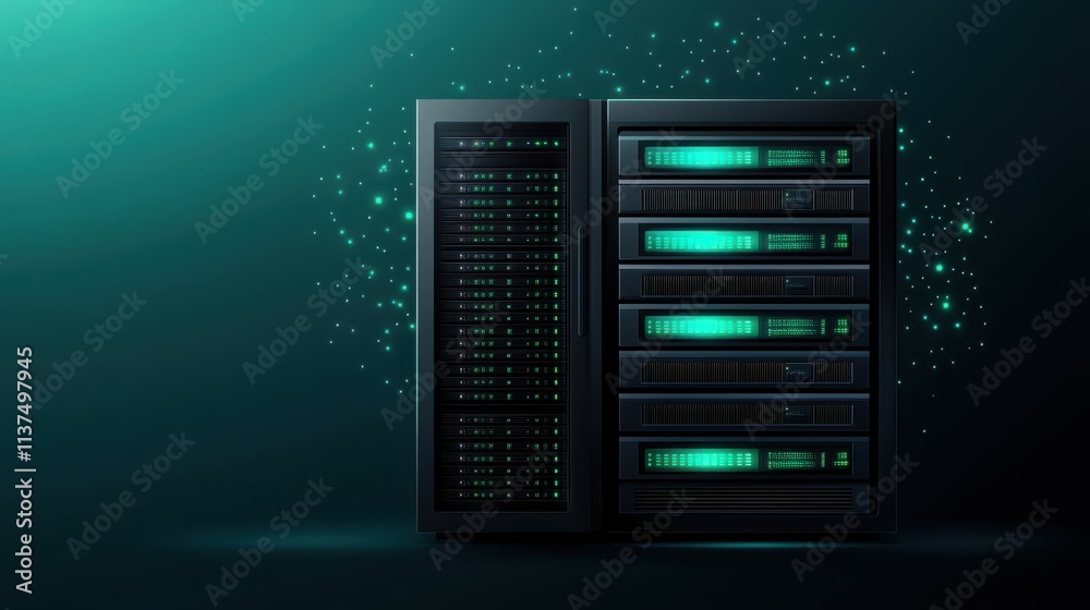 Powerful green glowing server, illuminating data centers and network connectivity Powerful green glowing server, illuminating data centers and network connectivity