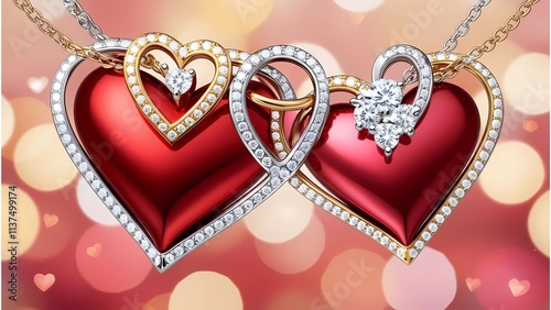 Valentie's Day banner with two gold silver jewelry hearts with diamonds on a blurred bokeh background. Generative AI, luxury photo