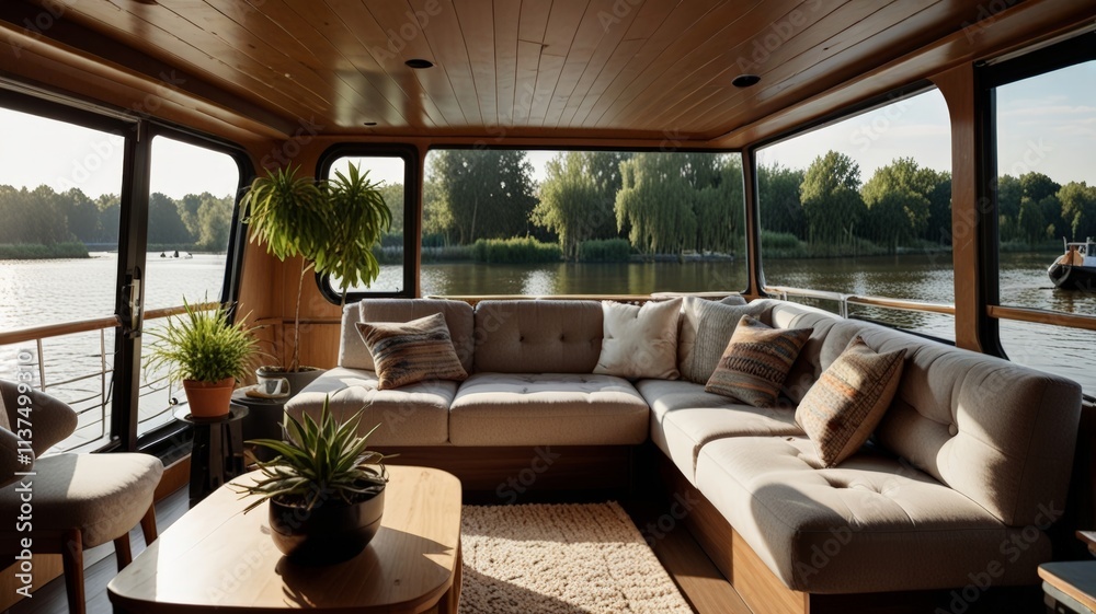Fototapeta premium A bright and open boat living area featuring plush seating, natural light from large windows, and plants, creating a welcoming and chic atmosphere by the water.