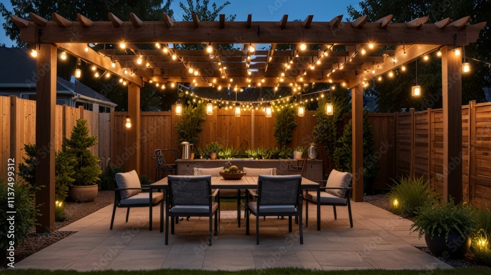 Fototapeta premium A beautifully lit outdoor dining area under a pergola adorned with fairy lights, featuring a table set for social gatherings amidst greenery and a cozy ambiance
