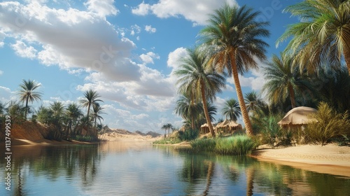 A soothing desert oasis: clear water reflecting the sky, vibrant green palms, and a peaceful Bedouin tent under the shade of palm trees.