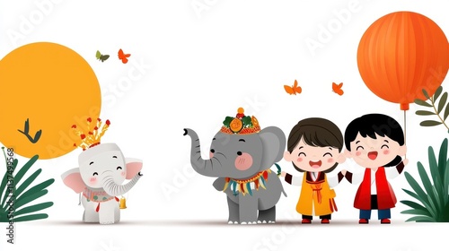 A group of cute and colorful cartoon characters including an elephant monkey and children are happily celebrating a festive occasion together  They are surrounded by balloons leaves