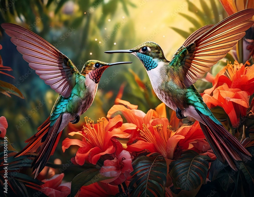 Fototapeta premium Illustration of colorful hummingbirds hovering near tropical flowers