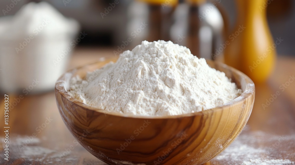 A close-up shot of a wooden bowl filled with flour, placed on a kitchen counter, surrounded by various baking tools and utensils, conveying a warm and inviting baking atmosphere.. AI Generation A close-up shot of a wooden bowl filled with flour, placed on a kitchen counter, surrounded by various baking tools and utensils, conveying a warm and inviting baking atmosphere.. AI Generation