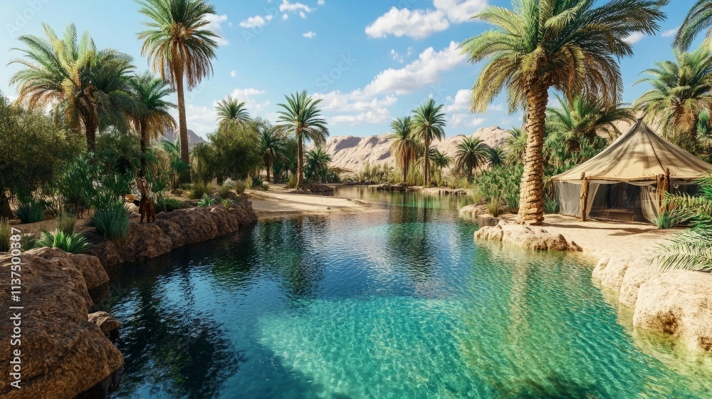 A vibrant desert oasis with clear waters surrounded by palms and a cozy Bedouin tent, inviting calm and refreshment in the desert sun. A vibrant desert oasis with clear waters surrounded by palms and a cozy Bedouin tent, inviting calm and refreshment in the desert sun.