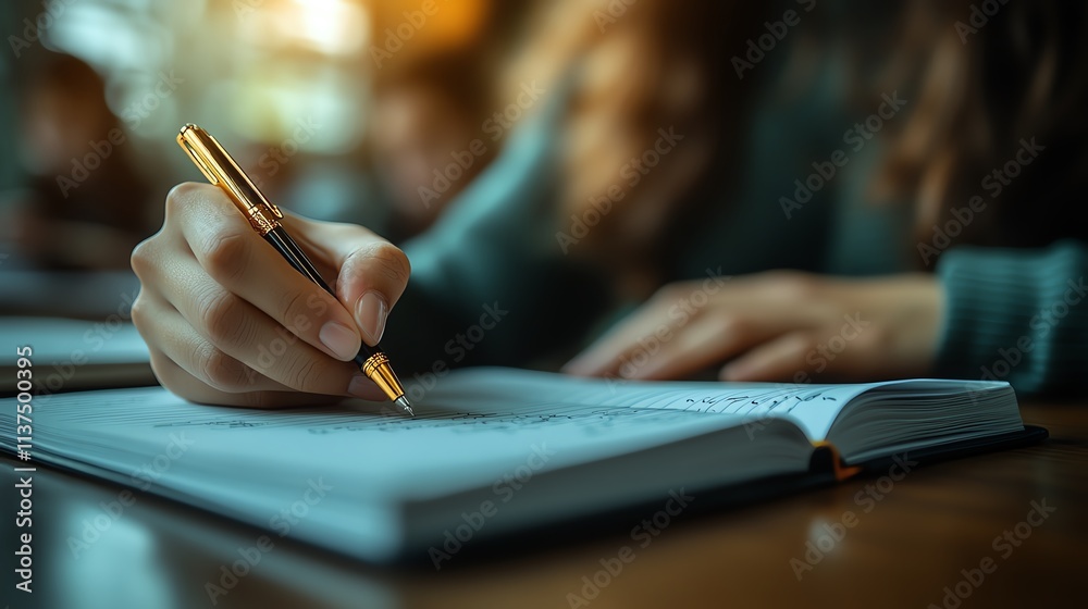 custom made wallpaper toronto digitalA close-up of a person writing in a notebook with a fountain pen in a cozy environment.