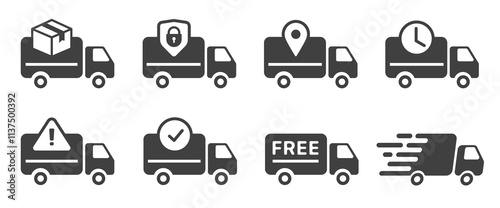 Delivery order truck icons set vector simple graphic, shop store postal services cargo freight courier package transportation sign symbols, logistics insurance van car pictogram silhouette image
