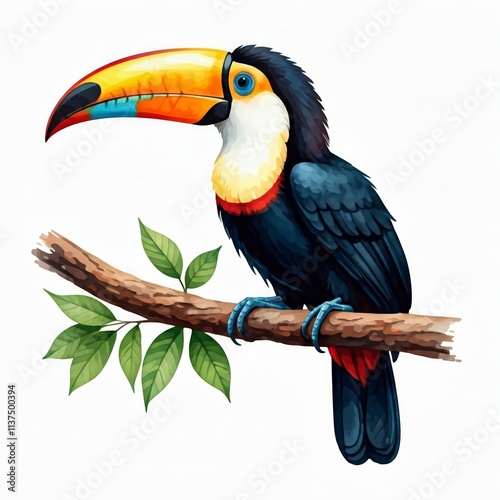 Toucan on Branch: A vibrant watercolor illustration of a toucan perched on a branch, showcasing its striking colors and unique beak. The image captures the essence of tropical beauty and wildlife. photo