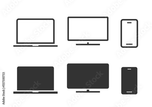 Laptop computer cell phone and desktop pc screen icon vector simple graphic illustration set solid black line stroke outline art, mobile cellphone smartphone blank empty frame sign symbol image
