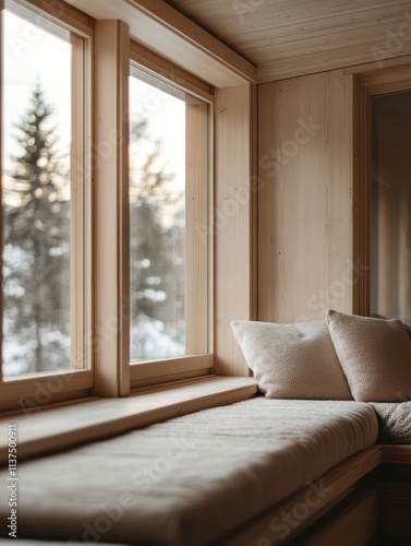 Warm and inviting window seat with wooden interior, offering a peaceful view of snowy trees and serene winter landscape.