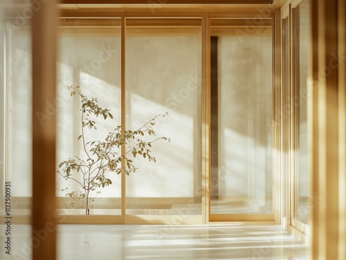 Serene minimalist room with glass panels, sunlight casting soft shadows, and a single potted plant enhancing tranquility.
