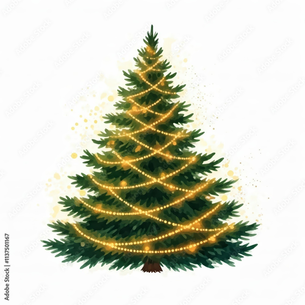 Fototapeta premium Sparkling Christmas Tree: A classic Christmas tree adorned with twinkling lights. The warm glow of the lights adds a touch of magic to the scene. Perfect for holiday greetings, invitations.