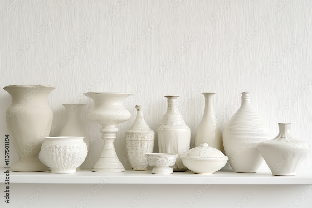 A Row of White Ceramic Vases and Bowls on a Shelf A Row of White Ceramic Vases and Bowls on a Shelf