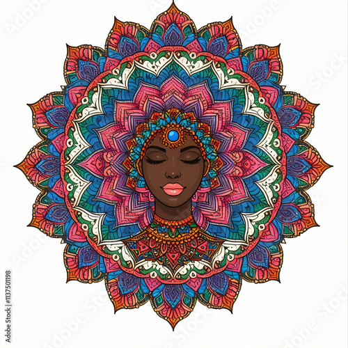 Multicolored mandala with an Indian woman's face. Indian ornament