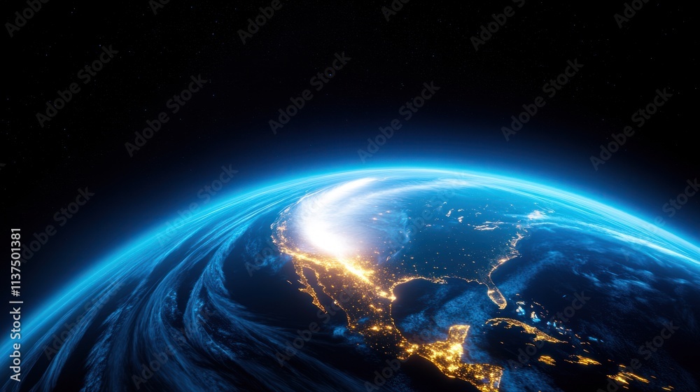 Obraz premium Satellite view of Earth highlighting North America at night.