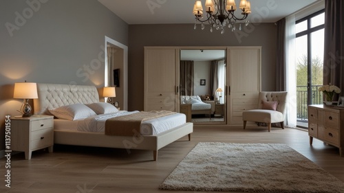 A serene bedroom featuring a stylish platform bed, warm lighting, and elegant decor. The room is spacious with natural light highlighting soft tones