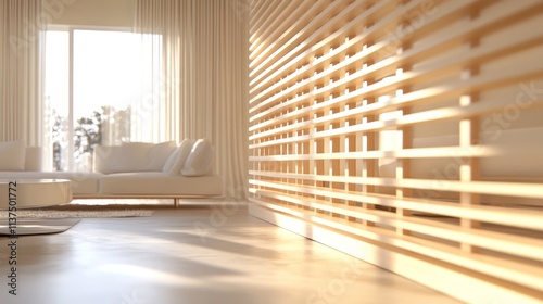 Sleek living room with light wood accents and a cozy sofa, bathed in warm natural sunlight from large windows.