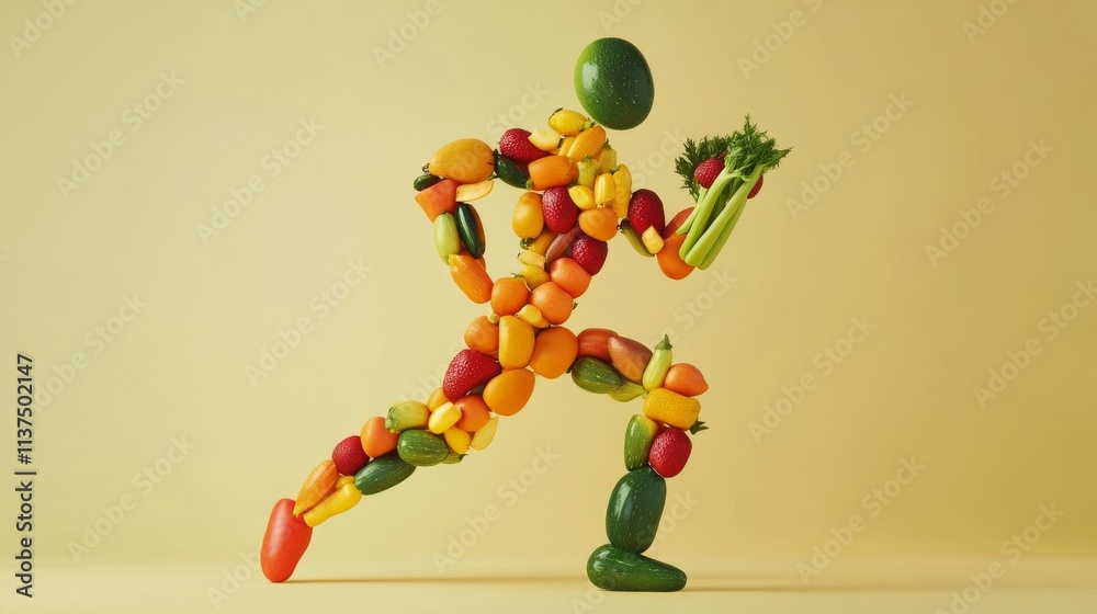 Creative depiction of a running figure formed from an assortment of fresh vegetables on a yellow background. A playful take on fitness and health through plant-based foods.. AI Generation