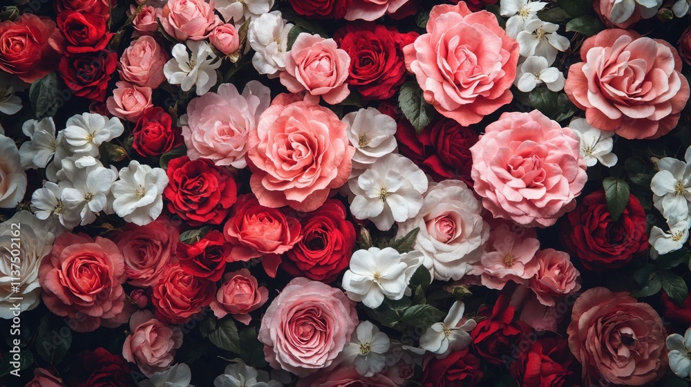 Beautiful background featuring pink, red, and white roses mixed with delicate white blossoms. A romantic, lush floral arrangement perfect for weddings and celebrations Beautiful background featuring pink, red, and white roses mixed with delicate white blossoms. A romantic, lush floral arrangement perfect for weddings and celebrations