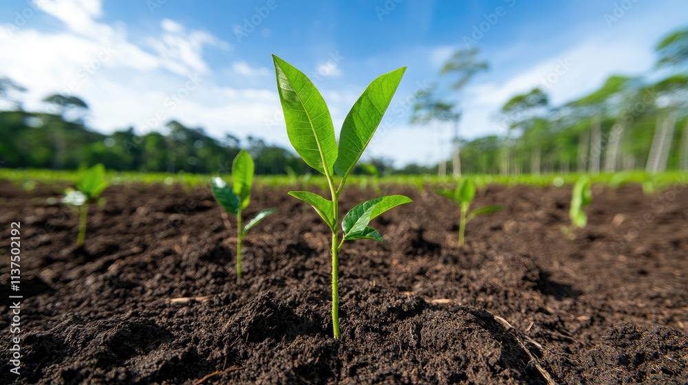 Fresh Green Seedling Growing in Rich Soil Under Blue Sky Fresh Green Seedling Growing in Rich Soil Under Blue Sky