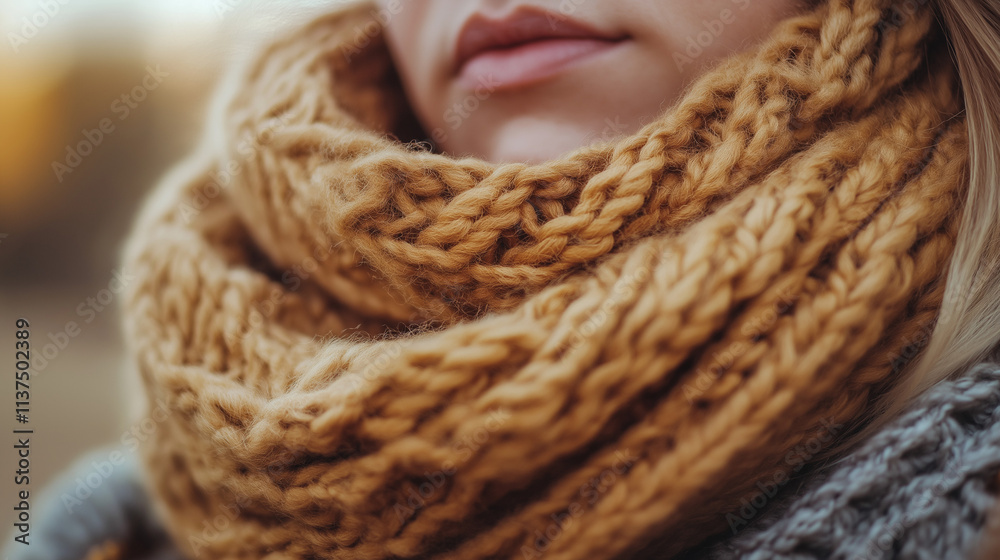 Close-up of a mustard-yellow knitted winter scarf Close-up of a mustard-yellow knitted winter scarf