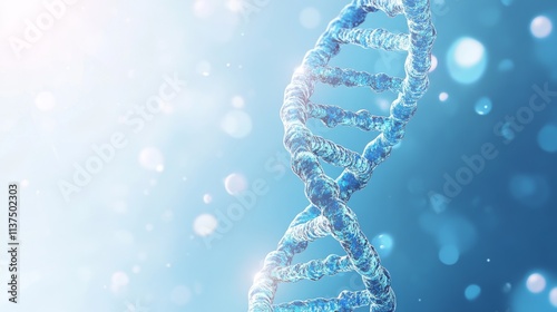 A detailed vertical image of a DNA helix floating in a bright blue background with soft lighting effects, representing the study of genetics, molecular biology, and health sciences.. AI Generation
