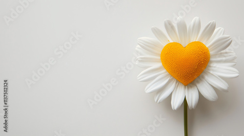 A pristine white daisy with a sunny yellow heart on a light background