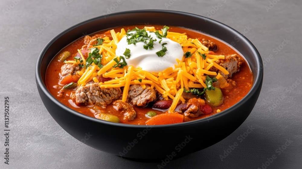 A hearty bowl of chili topped with cheese and sour cream.