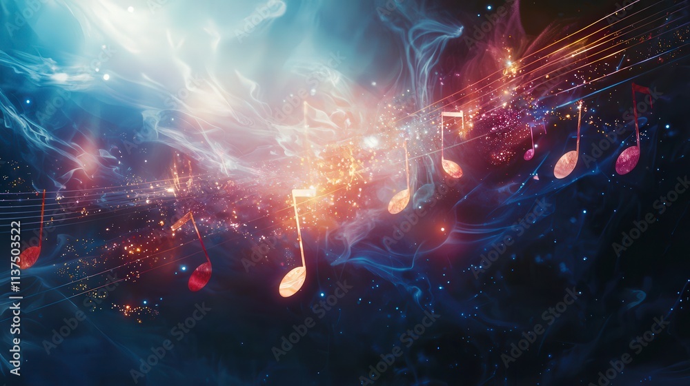Rhythmic light pulses and musical notes dance in cosmic space abstract visual art vibrant universe ethereal view