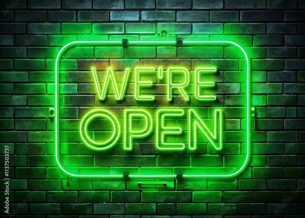 Glowing Neon Sign with 'We Are Open' Message in Green Against an Abstract Background, Ideal for Digital Media, Business Promotions, and Modern Aesthetic Designs Glowing Neon Sign with 'We Are Open' Message in Green Against an Abstract Background, Ideal for Digital Media, Business Promotions, and Modern Aesthetic Designs