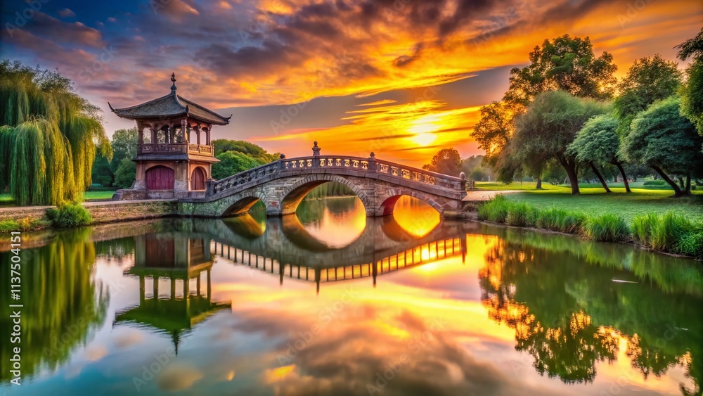 Fototapeta premium Godmanchester Sunrise Panorama: Chinese Bridge, Cambridgeshire, England - Breathtaking Panoramic View