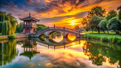 Godmanchester Sunrise Panorama: Chinese Bridge, Cambridgeshire, England - Breathtaking Panoramic View photo