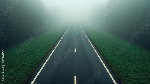 Mysterious fog idea. A serene, foggy road disappearing into the mist, surrounded by lush greenery.