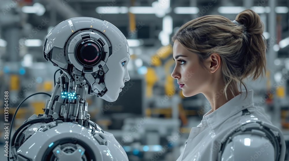 Robot and person in high-tech industrial setting Robot and person in high-tech industrial setting