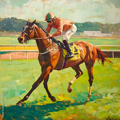 A vintage equestrian painting of a racehorse and its jockey, with a vibrant green racecourse in the background.