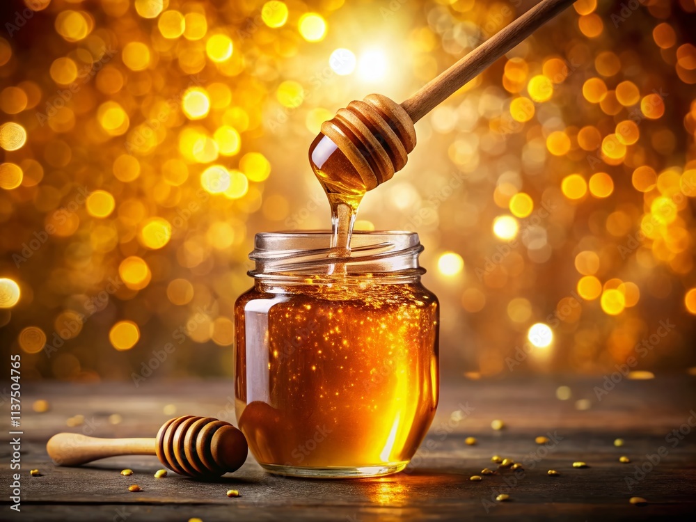 Golden Honey Bottle Photography: Delicious Dripping Honey, Sweet Food Styling