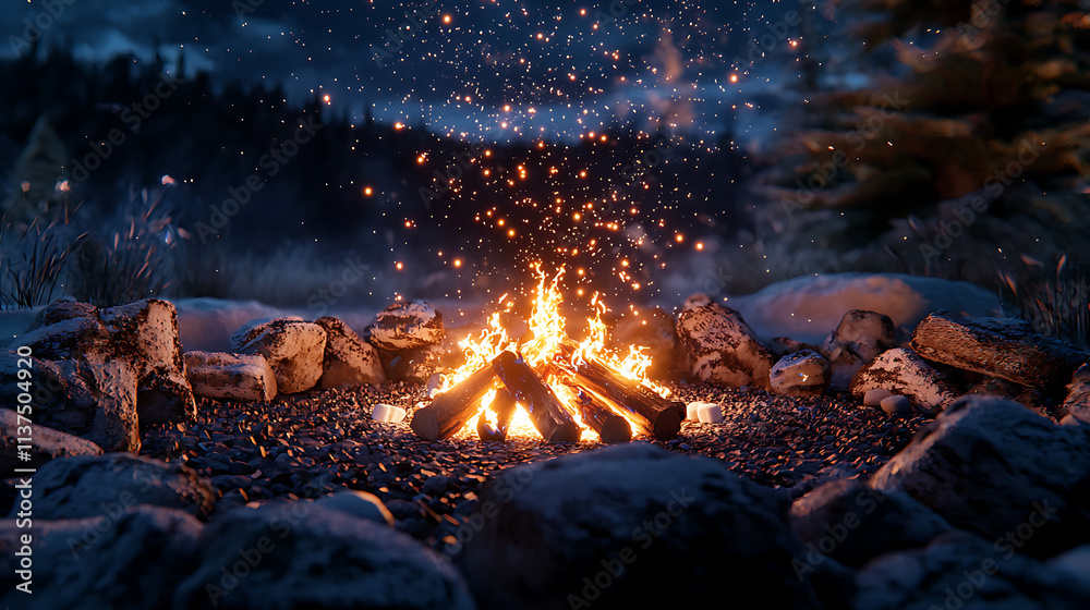 A fire is burning in a circle of logs, surrounded by rocks A fire is burning in a circle of logs, surrounded by rocks