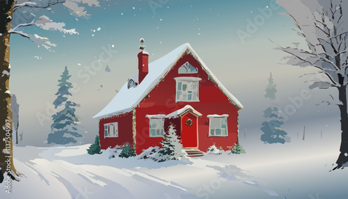 Winter cottage in the mountains. Vector illustration of snow landscape.