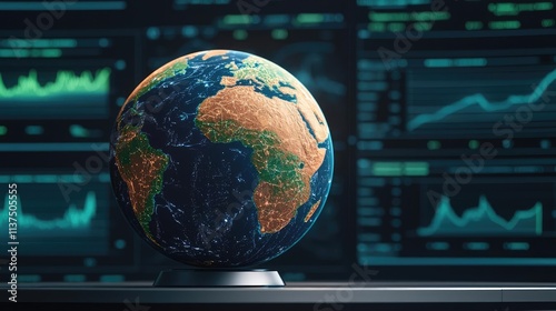 Weather forecast idea. A globe on a desk with digital graphs and data in the background representing analytics.