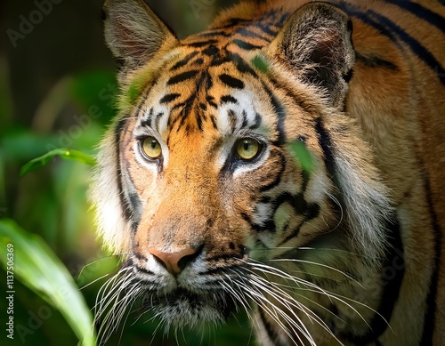 A majestic tiger in a dense green forest, extreme close-up photo