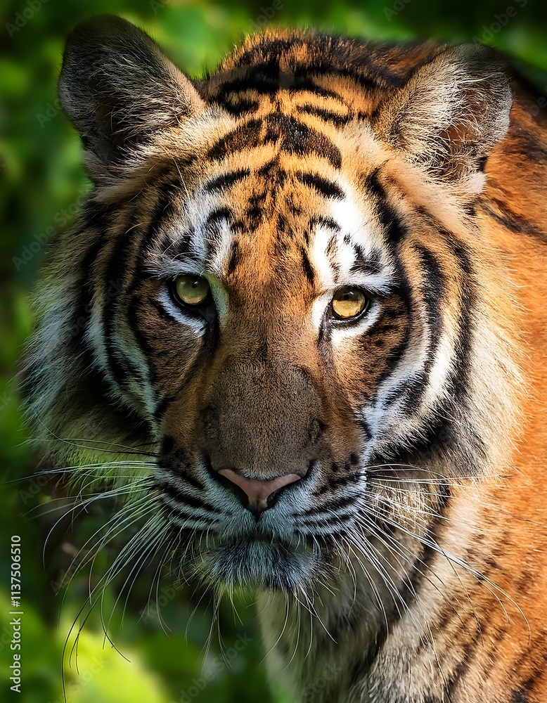 Fototapeta premium A majestic tiger in a dense green forest, extreme close-up