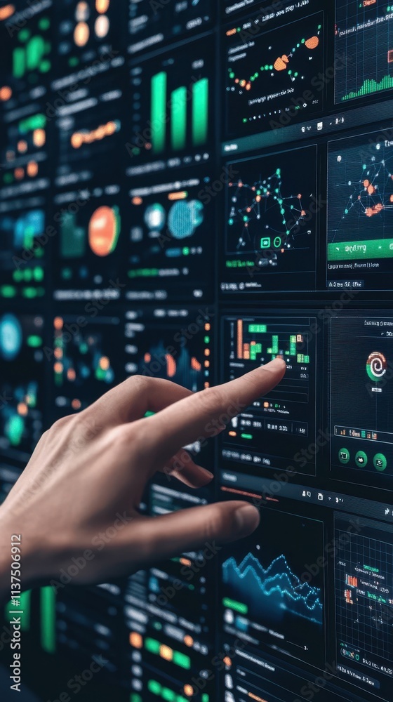 Hand interacts with data visualizations on screen. Hand interacts with data visualizations on screen.