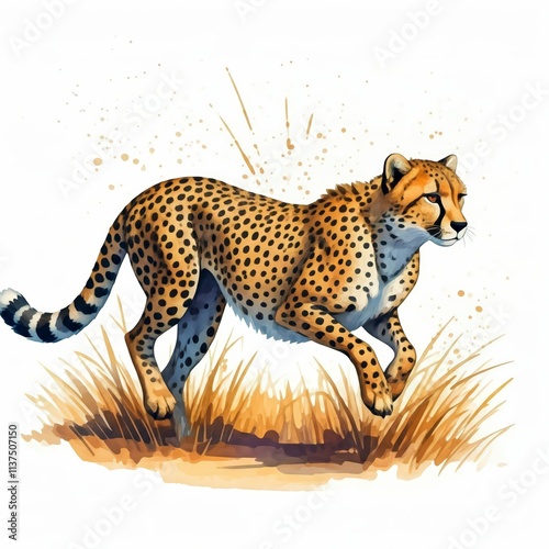 Cheetah in the Savanna: A majestic cheetah gracefully strides through tall savanna grass, its spotted coat a vibrant contrast against the golden hues. photo