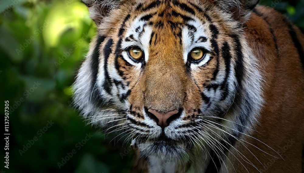 A majestic tiger in a dense green forest, extreme close-up