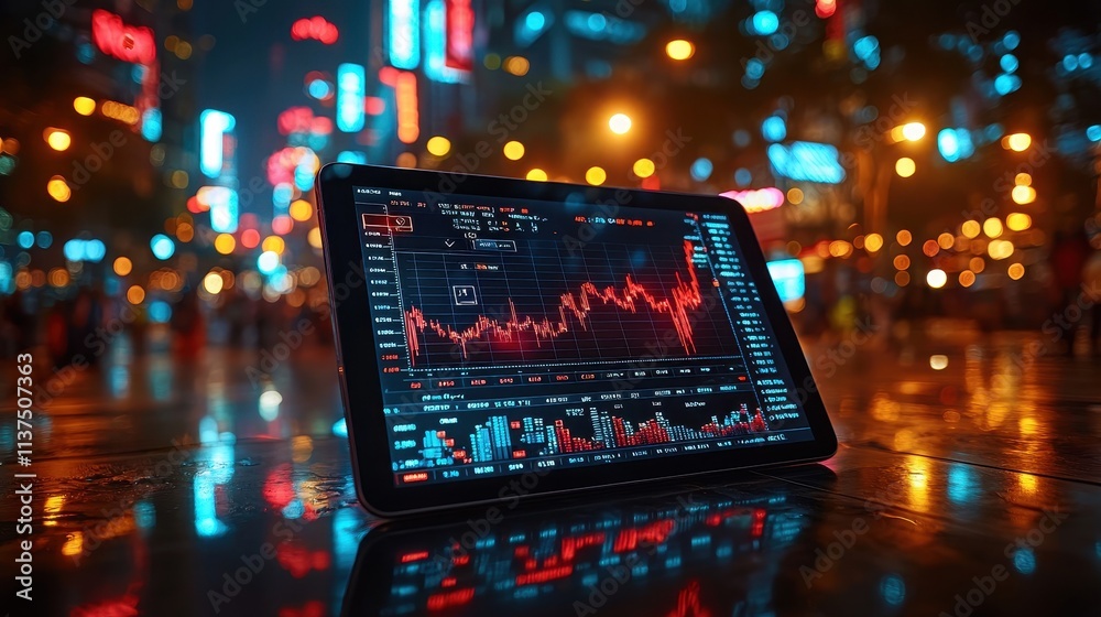 Digital Finance Display on Tablet in Urban Setting