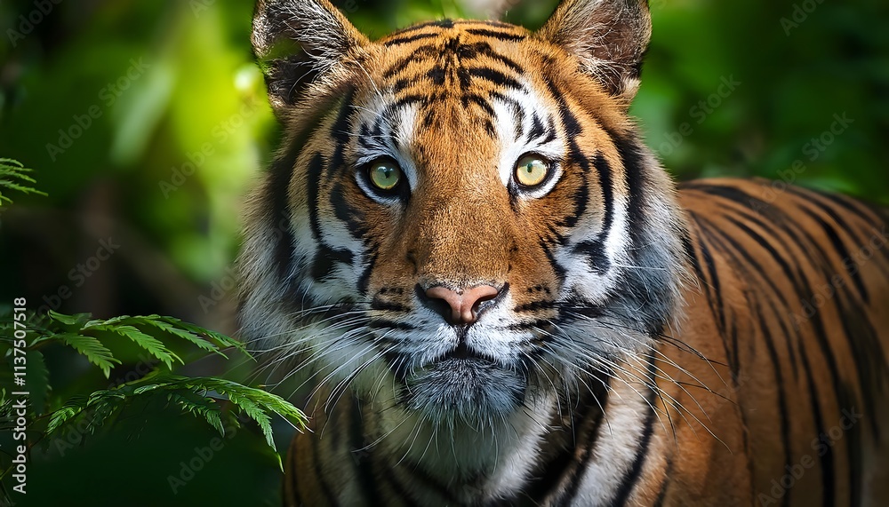 Naklejka premium A majestic tiger in a dense green forest, extreme close-up