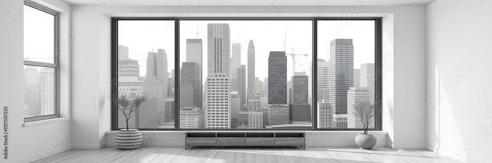 Fototapeta premium Modern black and white bedroom interior with white floor and black wood furniture, large windows with city view, style, white