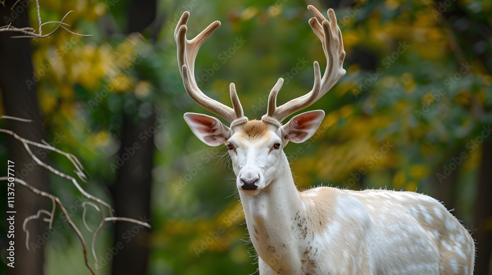 A majestic white deer with perfect antlers, and a wild forest scene