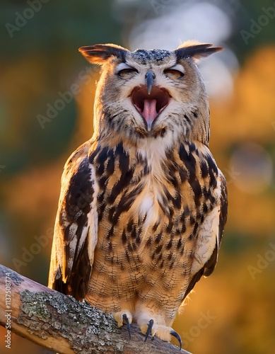 An owl mid-yawn, with its eyes half-closed, sitting on a branch in a blurred natural background, details of feathers clearly visible. photo